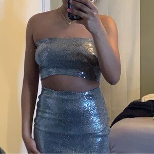 Silver Sequin Strapless Crop Top and Skirt Set